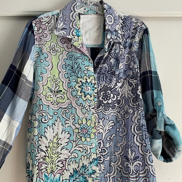 Cino SUNDANCE Floral Plaid Mixed Print Button Down Top Size S Blue Cotton - Picture 13 of 16